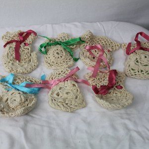 7 HAND CROCHET, RIBBONED SATCHELS FOR LINGERIE DRAWER OR SOAP SAVER